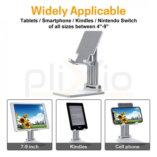 Plixio® Desktop Mobile Phone Stand , Mobile Holder, Adjustable & Foldable Mobile Stand, Aluminum Stand Holder for Mobile Phone and Tablets (Up to 9) Inches- White
